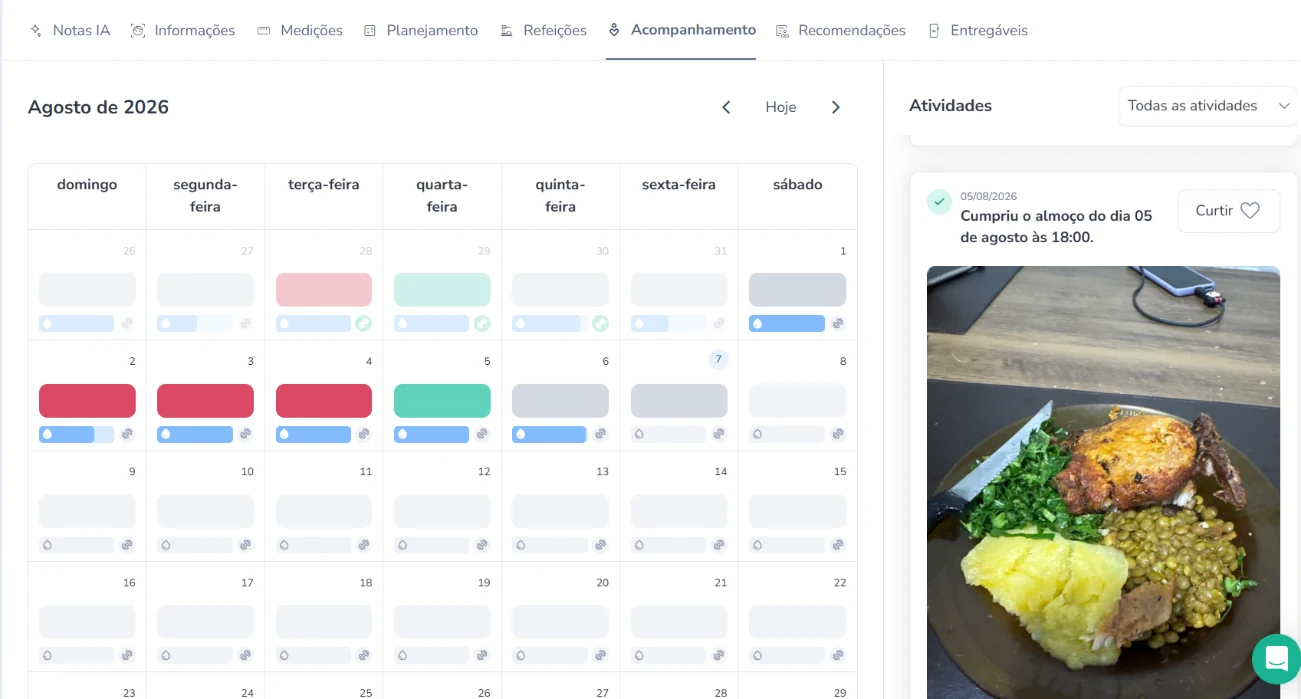 Software nutricional com calendário, refeições e acompanhamento