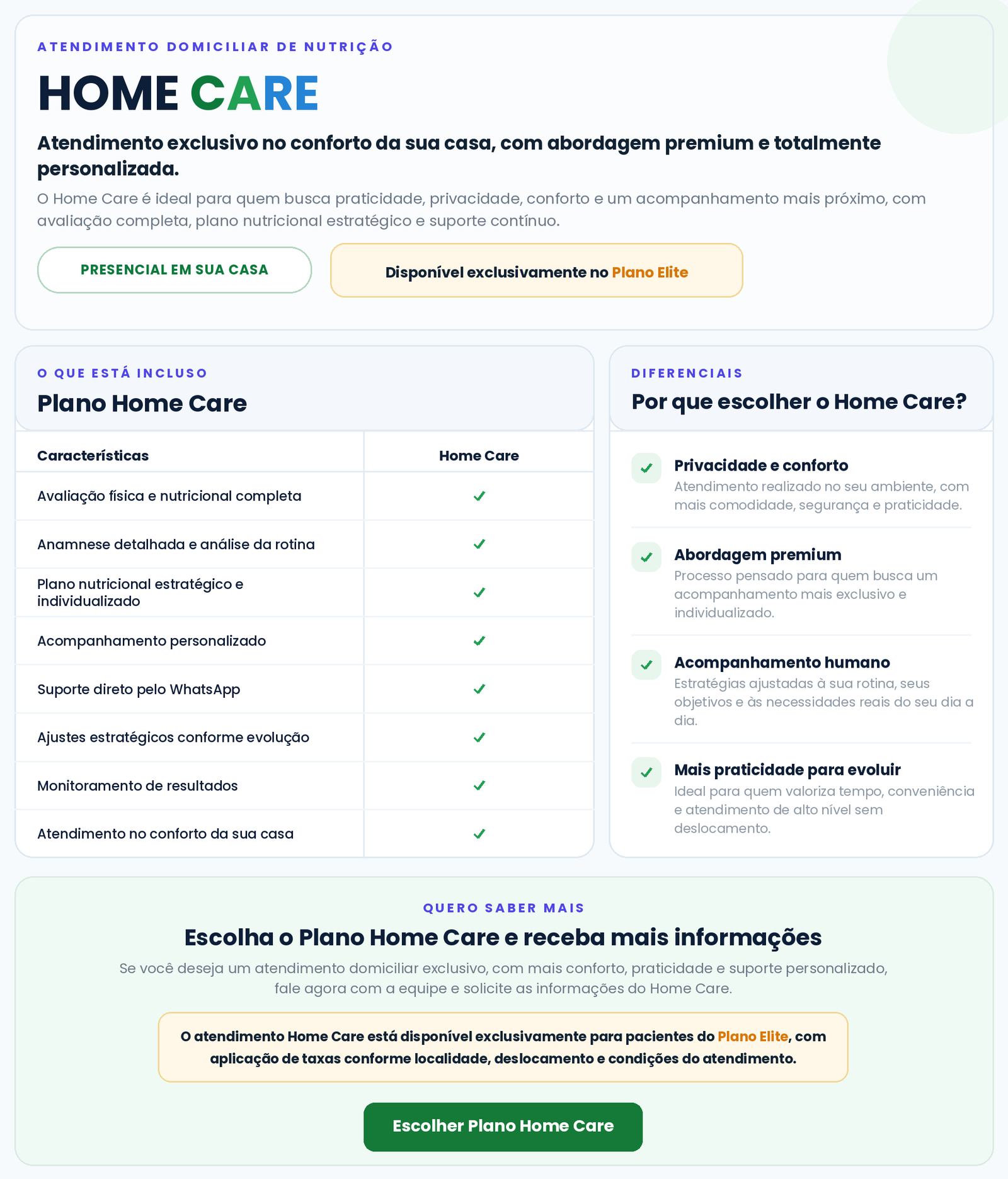 Tabela com as vantagens, características e diferenciais do Home Care